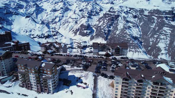 Ski station center at Andes Mountains. Snow winterness scenery. alt