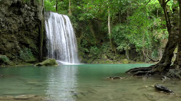 Erawan waterfall level three in National Park, famous tourist destination in Kanchanaburi