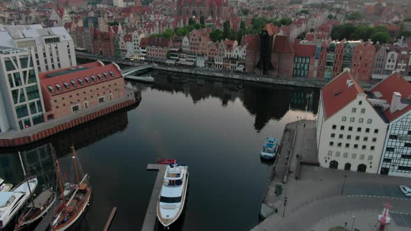 Aerial View of Boats and Yachts in Gdansk City on River with Landmarks