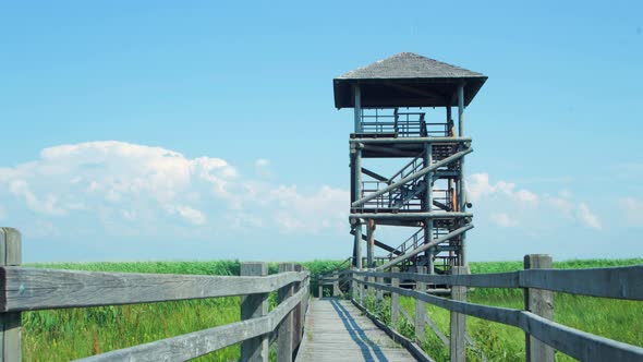 Time lapse of beautiful white fasting clouds and sky at footbridge path and birdwatching tower at la alt