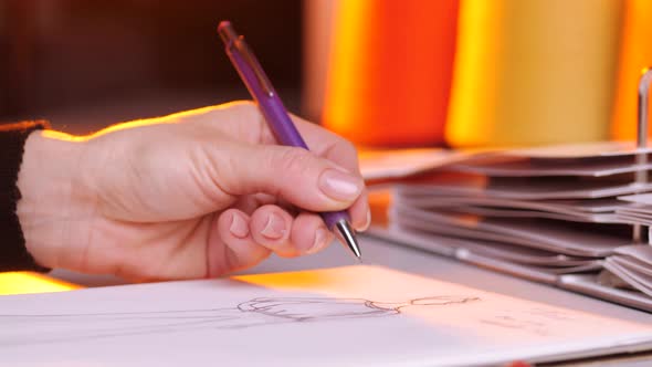 Fashion Business Designer Drawing Clothes Sketch on Paper alt