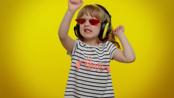 Attractive Blonde Child Kid Listening Music Via Headphones Dancing Disco Fooling Having Fun Party alt