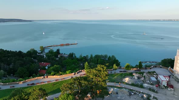 Aerial view of Tihany village overlooking Lake Balaton in Hungary
