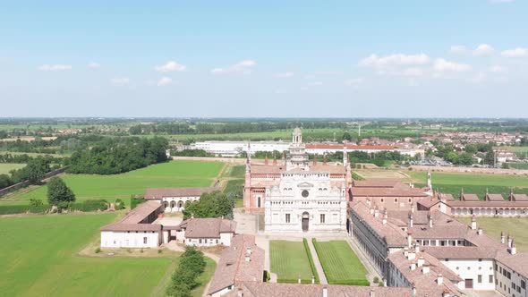 Aerial view of the Certosa di Pavia at sunny day, built in the late fourteenth century, courts and t alt