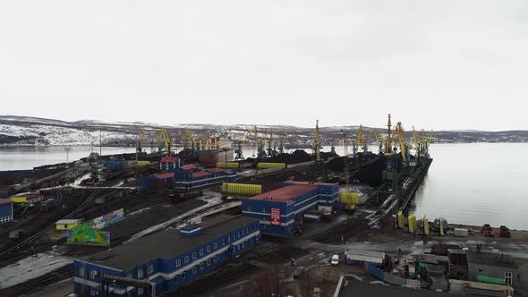 Murmansk Seaport Coal Terminal with Cranes Access Railways