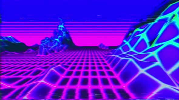Looped VHS styled retro background horizon landscape with nlow poly terrain