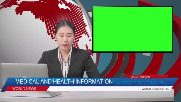 Live News Studio With Asian Professional Female Anchor And Green Screen Television Reporting alt