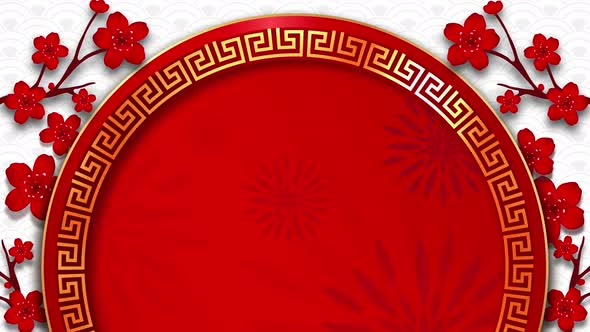 Chinese new year background with rotating oriental style decoration red circle and flowers