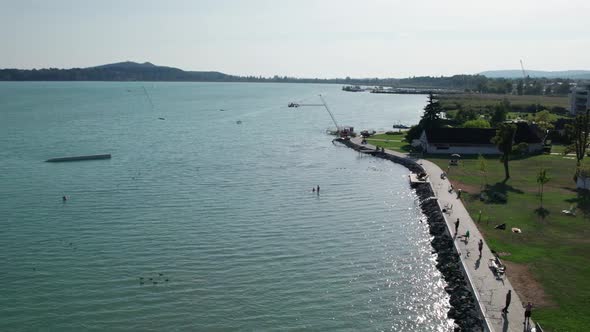 Aerial View of Lake Balaton in Hungary Coast of Balatonfured Sunny Day alt