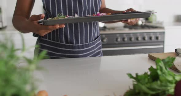 Mid section of african american woman preparing dinner in kitchen alt