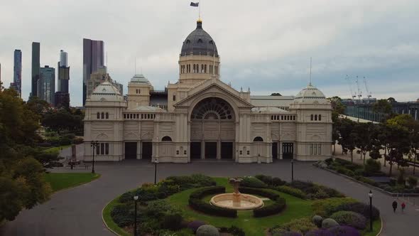 Drone flying over Melbourne's Royal Exhibition Building - quiet during the coronavirus-COVID-19 outb alt