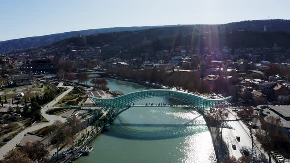 Aerial view at Peace Bridge and Kura River Old Tbilisi Georgia