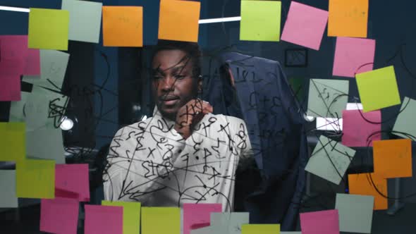 AfricanAmerican Businessman Look at Glassboard with Notes and Put on Jacket Going Home alt