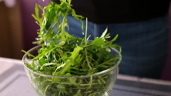 Healthy Lifestyle  Woman Pouring Arugula Into Glass Bowl alt