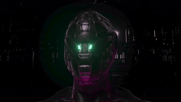 Portrait of a Cyborg with Neon Rings on a Technological Background alt