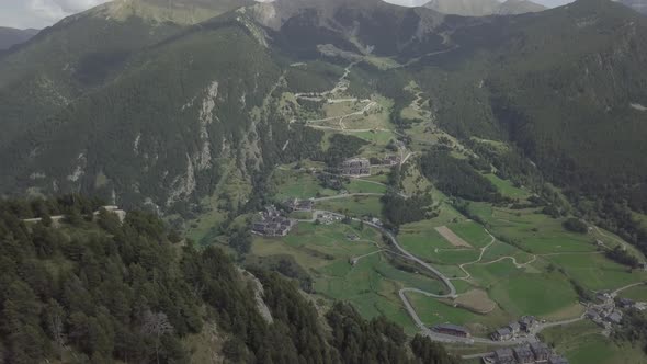 Aerial footage of drone flying above and around The Pyrenees mountains of Andorra in summer