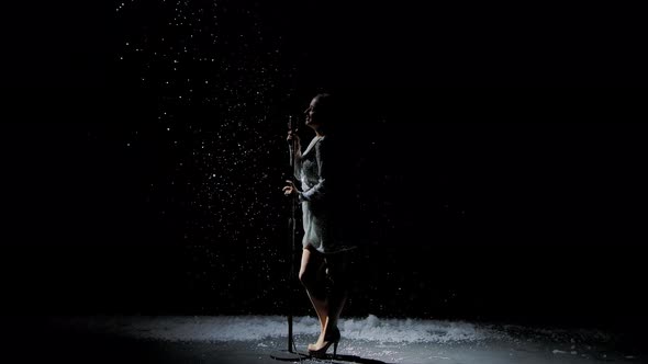 Silhouettes of a Beautiful Singer with a Vintage Microphone Against the Background of Falling Snow alt