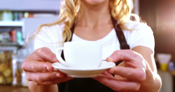 Waitress offering a cup of coffee alt