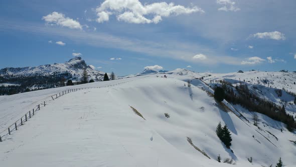 Aerial, Winter Landscape In Dolomites Mountains On A Sunny Day In Italy