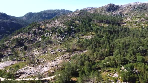 Aerial view of rocky mountains and trees in Europe Portugal Peneda Geres National Park alt