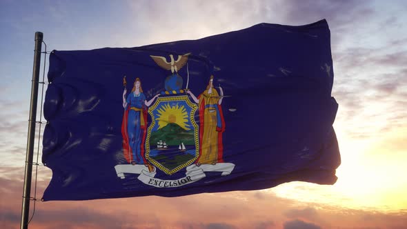 Flag of New York Waving in the Wind Against Deep Beautiful Sky at Sunset alt