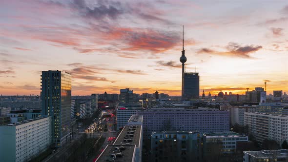 Twilight Time Lapse Aerial View of Berlin City Skyline Alexanderplatz Day to Night, Berlin