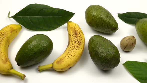 Avocado fruits, seed, leaves and speckled yellow brown bananas lie in a row alt