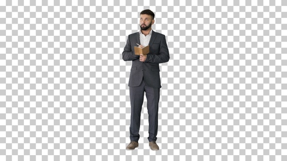 Concentrated young man in formalwear holding, Alpha Channel alt
