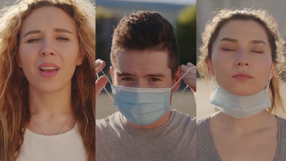 Group of People in Masks, Collage Citizens Virus Mask on Street Wearing Face Protection in alt