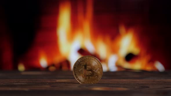 A Golden Bitcoin Coin on a Brown Wooden Surface Against a Burning Fireplace alt