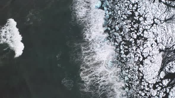 Aerial View of a Diamond Beach and Many Ice Floes. Iceland. 