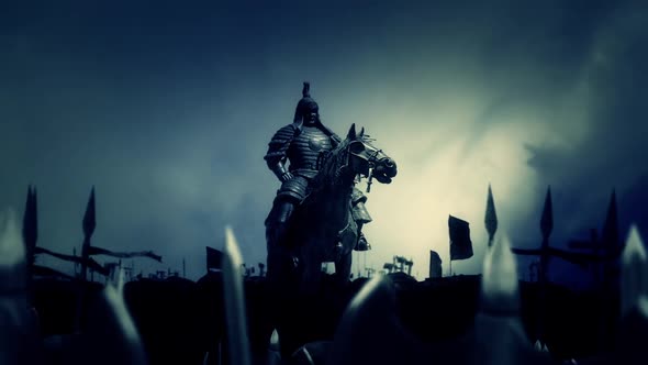 Genghis Khan Wearing Full Armor on a Horse Surrounded by His Army alt