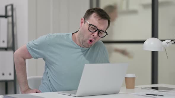 Young Man Having Back Pain While Working on Laptop alt