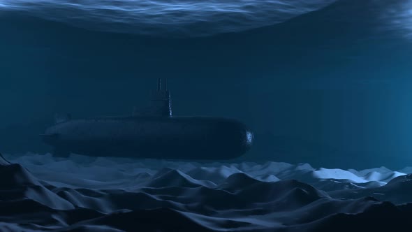 Naval submarine submerge deep underwater near to ocean floor, Motion ...