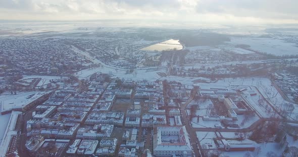 Winter Aerial Drone View of Small Town