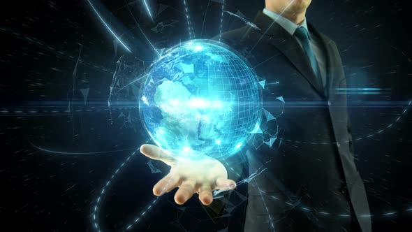 Businessman Hold Over Hand Global Digital Network and Internet Concept