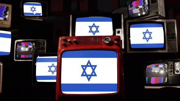 Flags of Israel on Retro TVs. 4K Resolution.