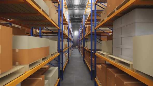 Warehouse with cardboard boxes inside on pallets racks alt