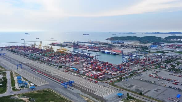 Aerial top view of container logisctics shipping in Laem Chabang, Chon Buri, Thailand alt