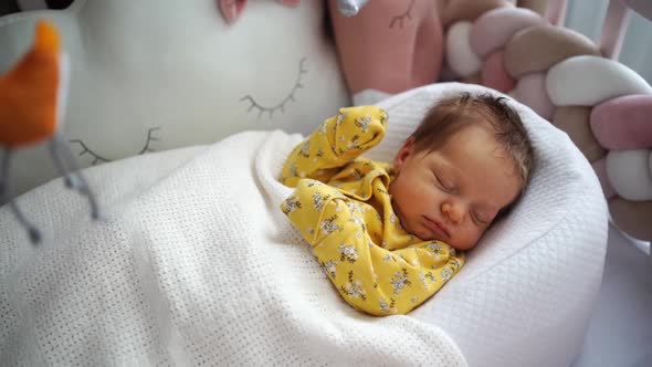 Newborn in a Yellow Jumpsuit Lies in a Retainer of the Child in a Crib alt