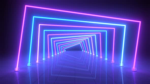 Ultraviolet Abstract Neon Light Tunnel Squares Glow with Reflections - 1080p alt