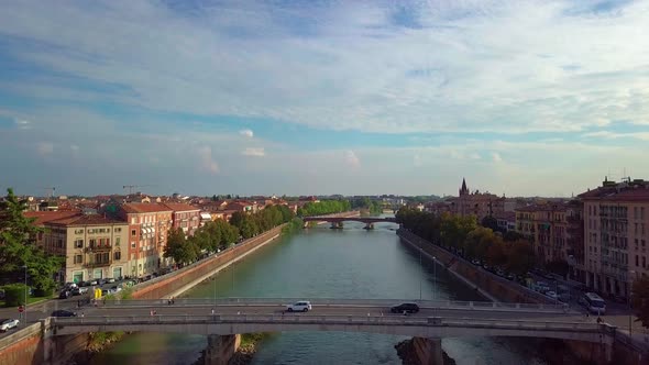 Panoramic Aerial Drone View of Medieval City of Love Verona, Pietra Bridge and Adige River alt