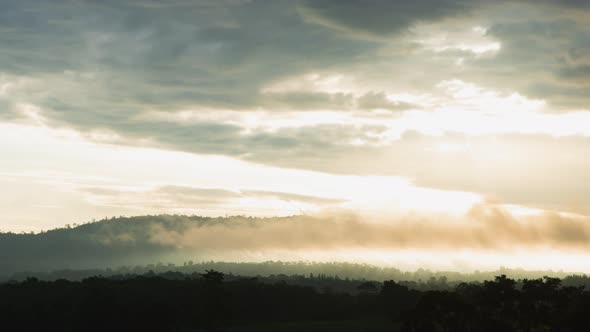 Fluffy fog cloud flowing on natural forest mountain from time lapse sunrise cloudy sky on morning alt