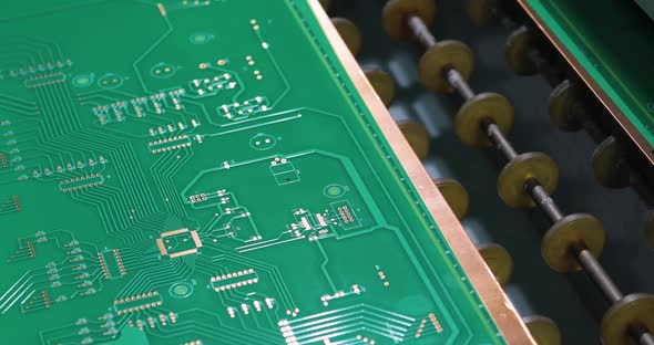 Circuit Boards are Moving on Conveyor Line Manufactoring of Electronics