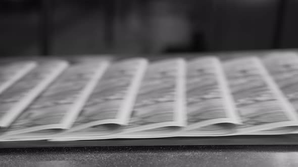 Printed Paper Newspapers Move Along Conveyor One After Another alt