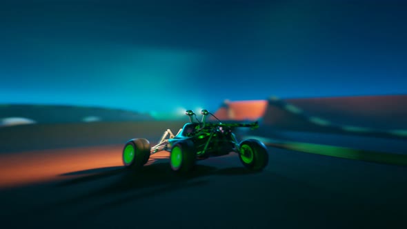 RC Car race on the sandy track. Loopable animation of a miniature model of buggy alt