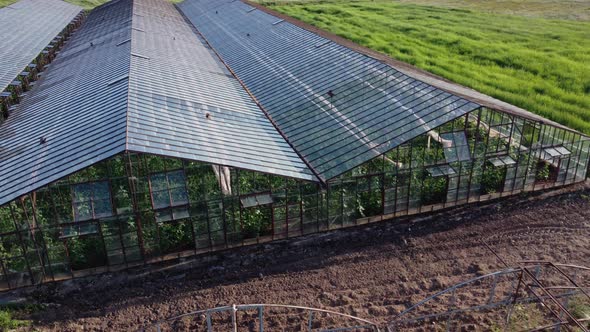 Drone Footage of Greenhouse Area in Green Field Background alt