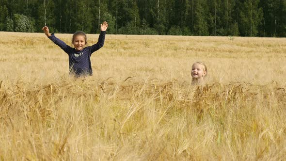 Children Play On The Golden Fields Of Wheat. Two Little Charming Girls Playing On Wheat Field