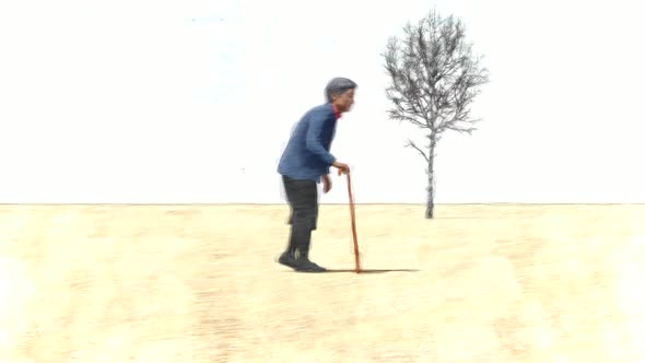 Elderly Woman with a Walking Stick Stop Motion