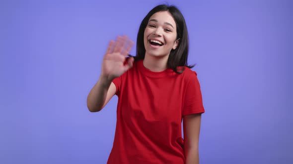 Friendly Woman Waving Hand  Hello or Goodbye Chao Adios alt